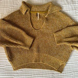 Free People, Mustard Yellow Cropped V-Neck Sweater, SX-S